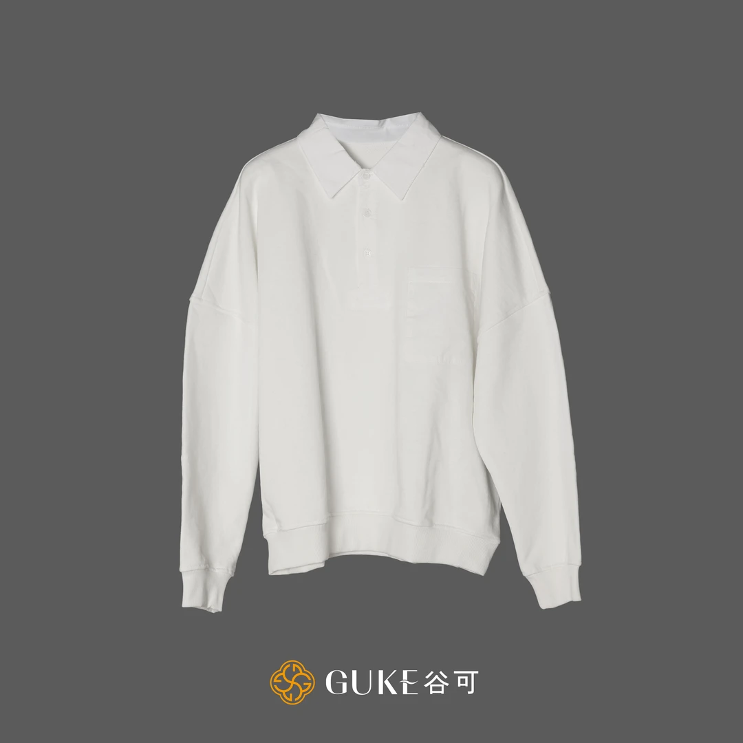 GKE/谷可TC1853【100%纯棉】短款衬衫领卫衣女春秋小众休闲白色上衣