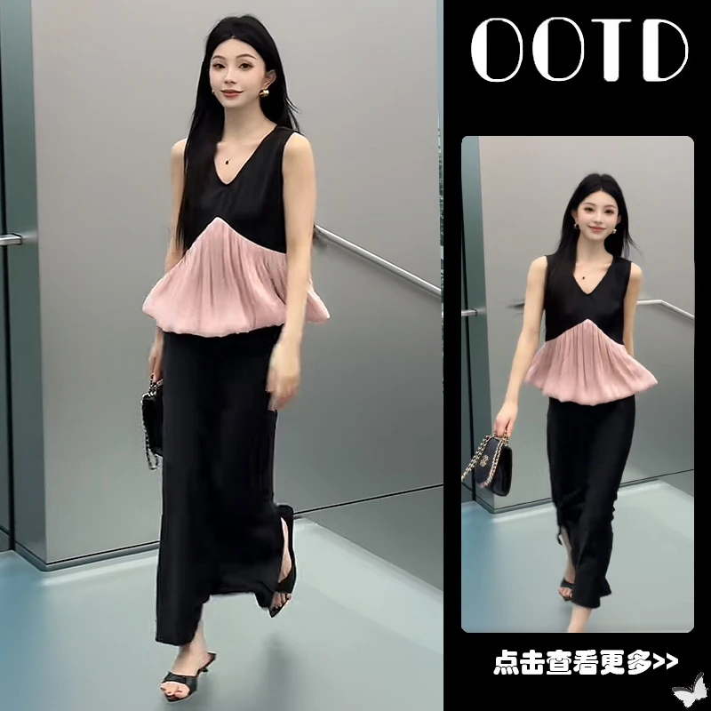 夏季流行穿搭一整套女2025新款韩版拼接网纱无袖衬衫半身裙两件套