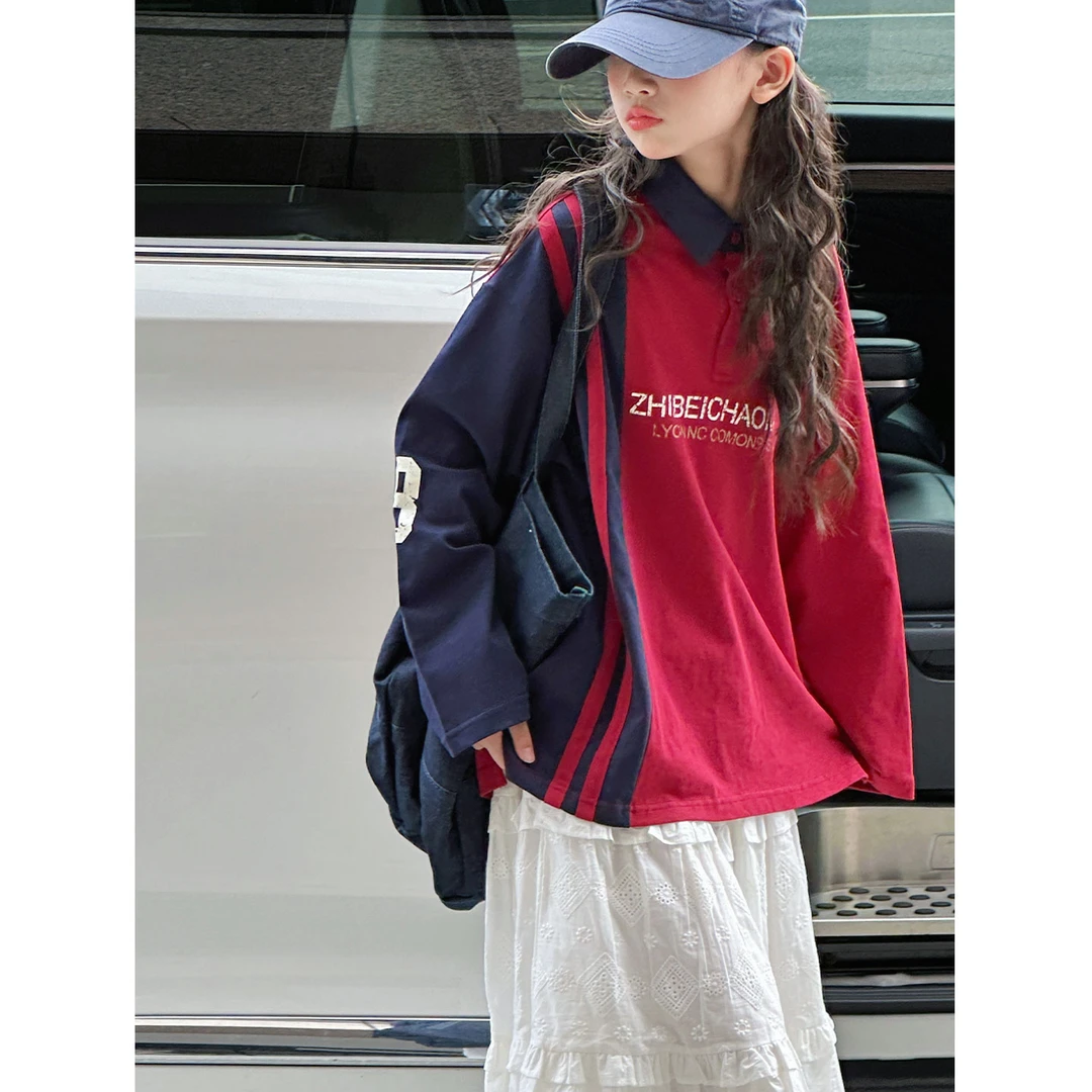 K29376孙小美复古撞色女童长袖T恤新款秋装儿童打底衫春秋