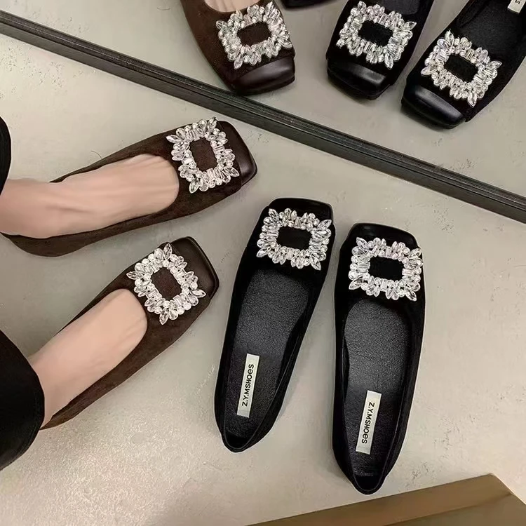 668-6方头浅口单鞋女平底新款春秋鞋子法式晚风气质水钻黑色瓢鞋