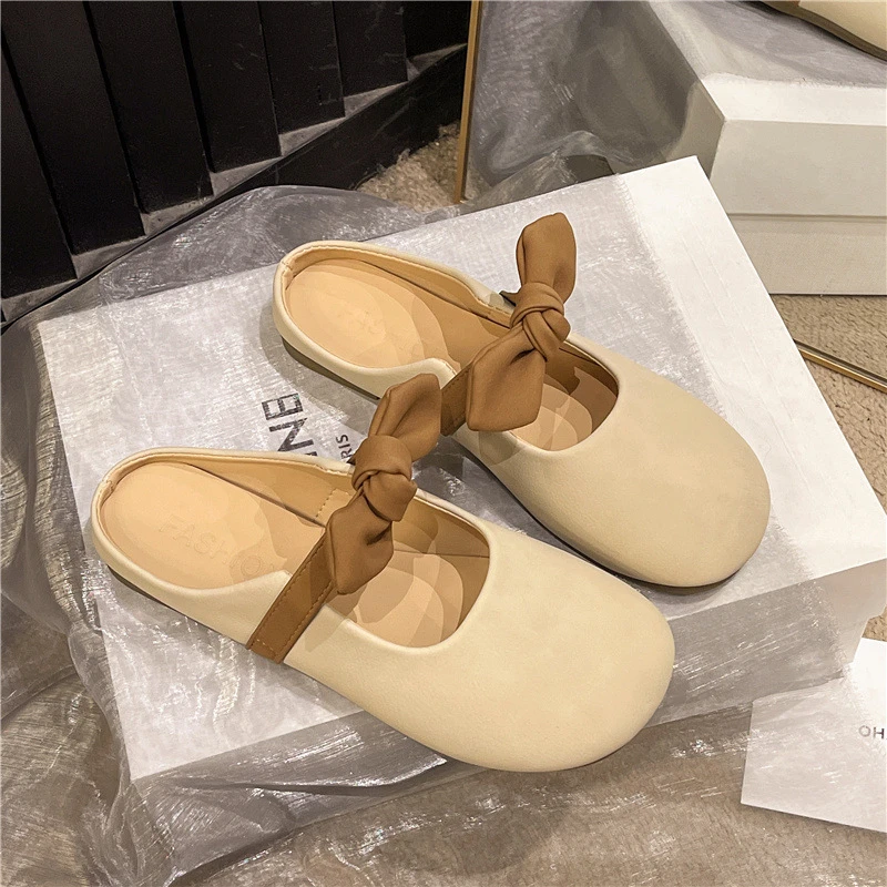 爆款热卖  包头拖鞋女2025春季新款韩版休闲蝴蝶结平底一脚蹬拖鞋