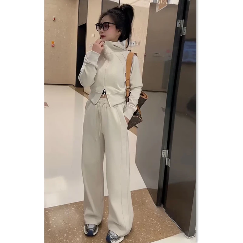 2025春秋新款韩版运动服套装女纯色连帽卫衣阔腿裤时尚休闲两件套