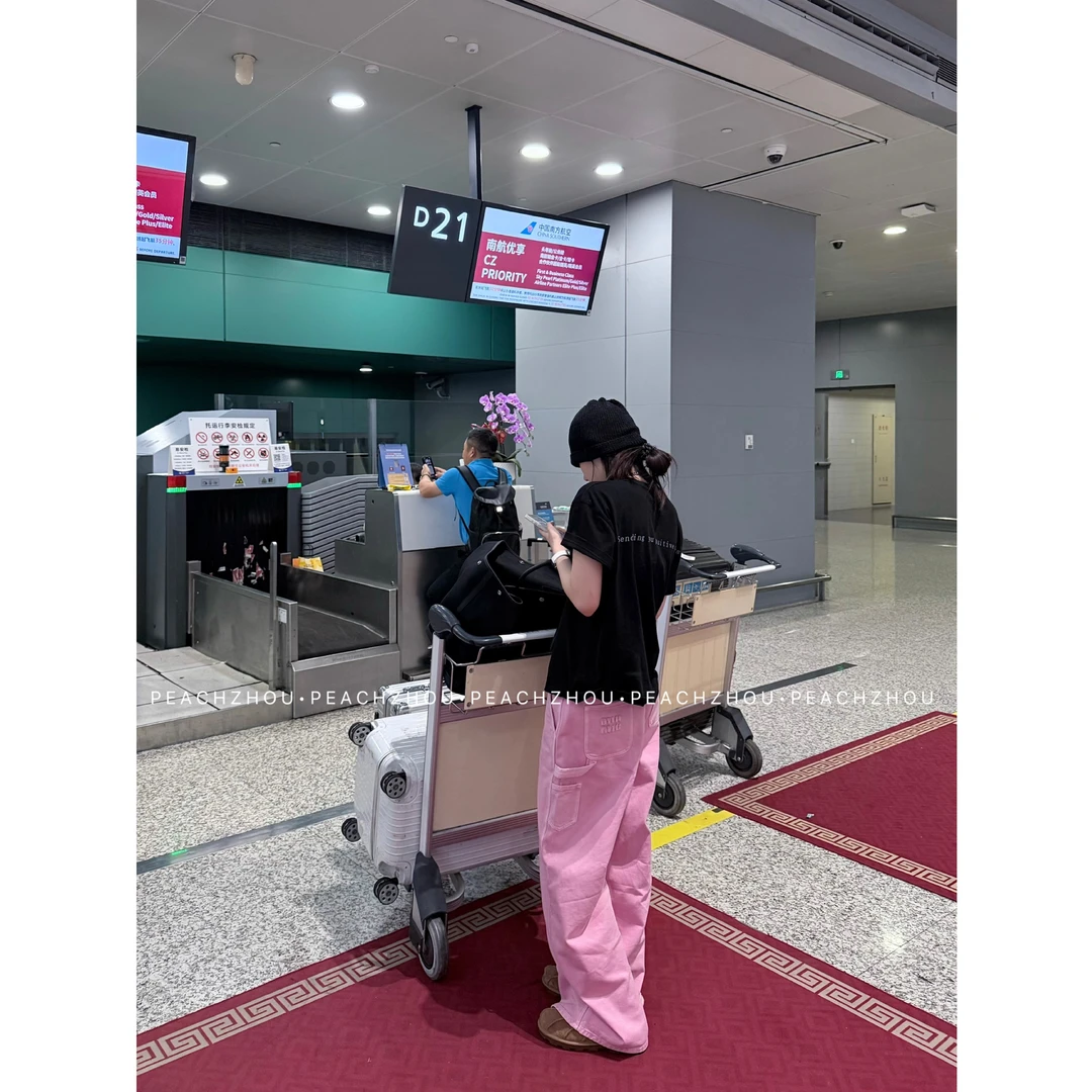 『PEACHZHOU』水洗Miu系贴布绣宽松系扣工装伐木牛仔裤休闲阔腿长裤