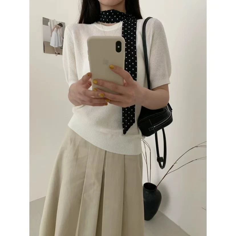 【法式波点】丝巾短款上衣搭配短袖色系温柔针织衫9255夏季毛衣圆领