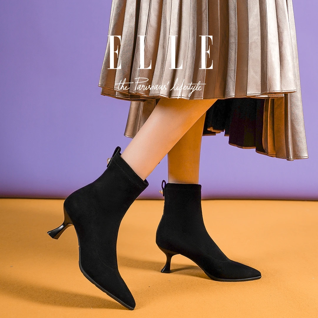ELLE高跟尖头绒面雅丹风瘦瘦靴女鞋短靴2025新款秋冬百搭韩系裸靴