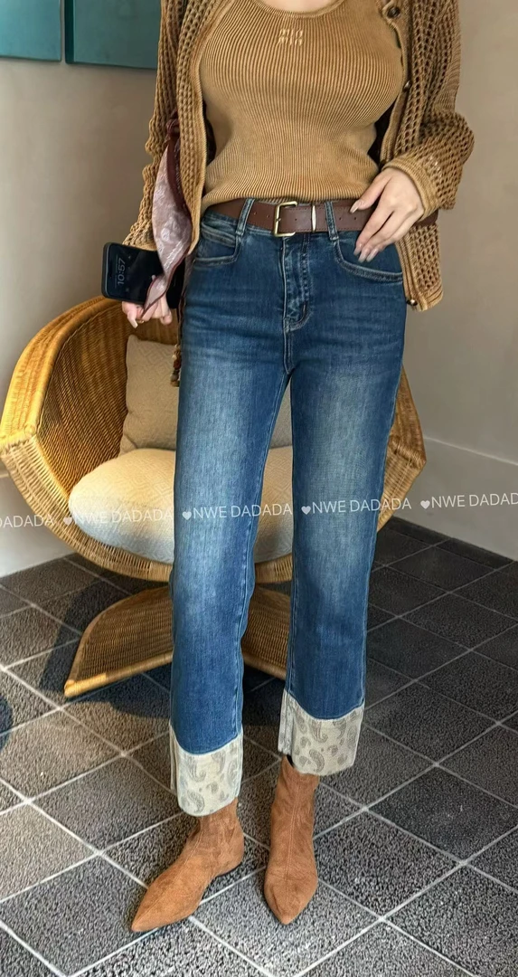 利达 NEW DADADA时尚休闲百搭显瘦高腰直筒设计感牛仔裤TDM758