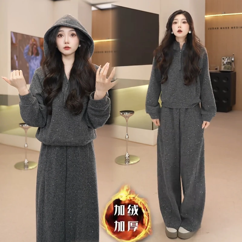 拉夏贝尔加绒加厚套装女2025秋冬新款减龄连帽卫衣阔腿裤两件套潮