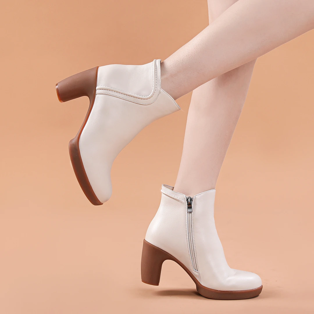 8CM高跟靴2025秋冬新款真皮粗跟短靴女舒适小个子白色加绒保暖靴