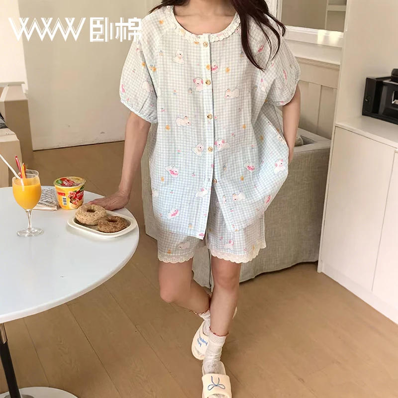 WWW全棉双层纱新款春夏薄款甜美家居服女款睡衣套装夏季 F0047