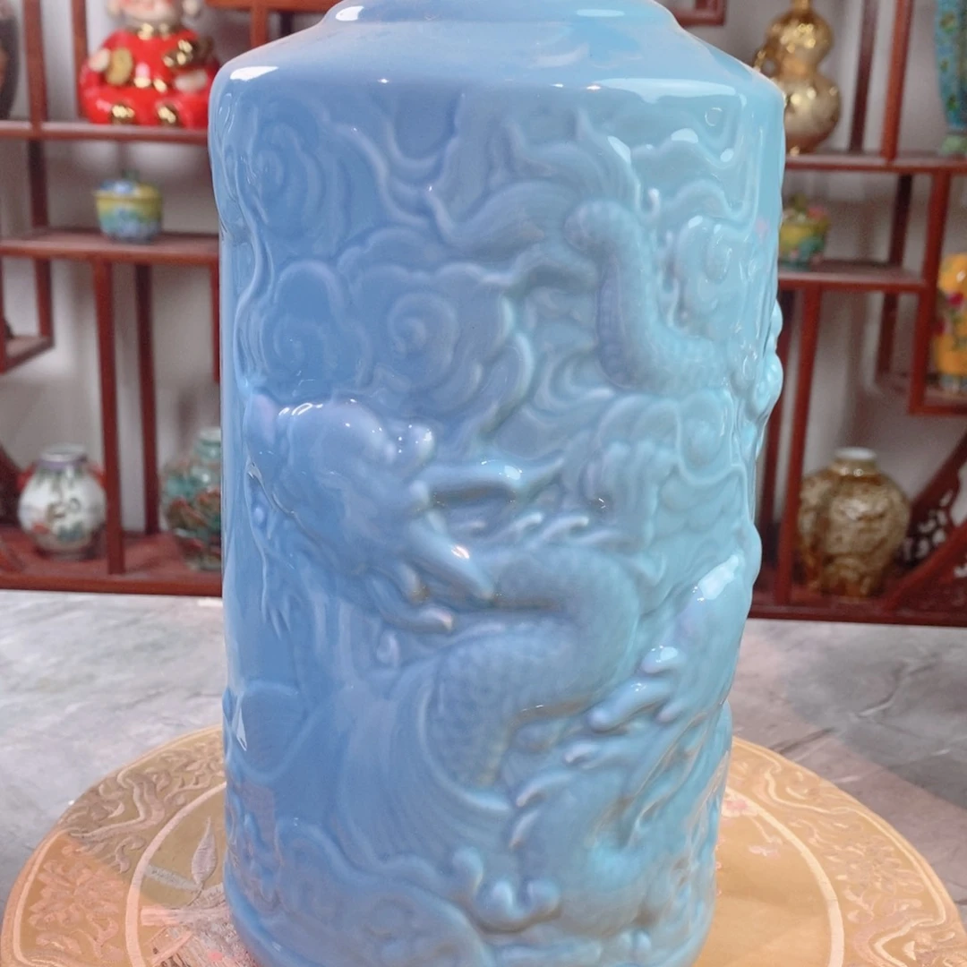 摆件景德镇垚晶陶瓷5斤直筒龙蓝色
