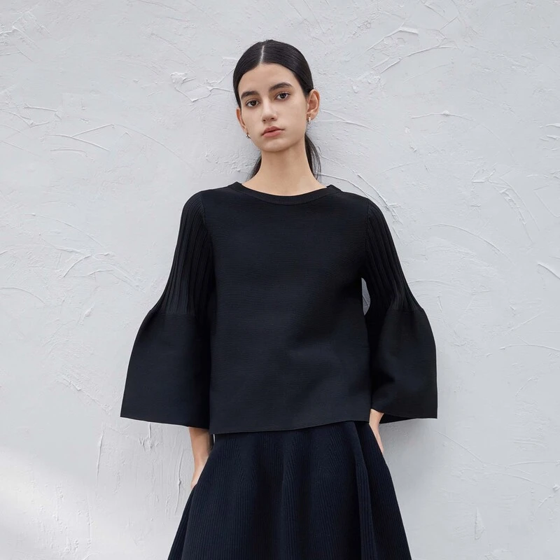 【莉莉专属】圣迪奥罗纹圆领显瘦拼接喇叭袖宽松时尚百搭针织衫