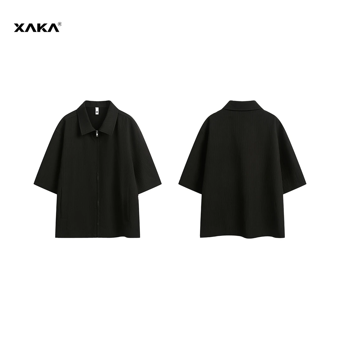 XAKA美式潮流小众解构设计感拉链半袖衬衫男简约百搭宽松休闲衬衣