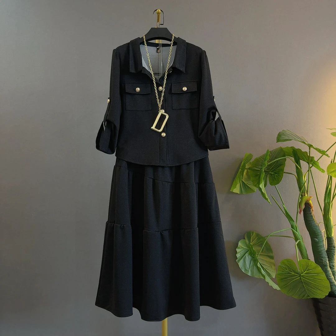 早秋新款设计感上衣＋半裙宽松遮肚苹果型身材大码俩件套