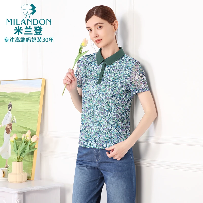 MILANDON/米兰登透气碎花短袖印花T恤夏装休闲女翻领上衣3Q270111