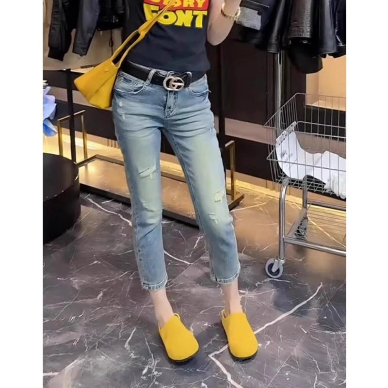 夏季新款薄款八分破洞烟管牛仔裤女梨型身材穿搭大码显瘦直筒裤