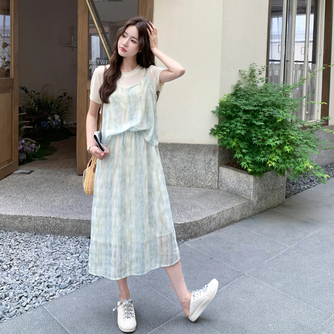法式假两件短袖连衣裙女2025夏季新款简约时尚圆领拼接吊带中长裙