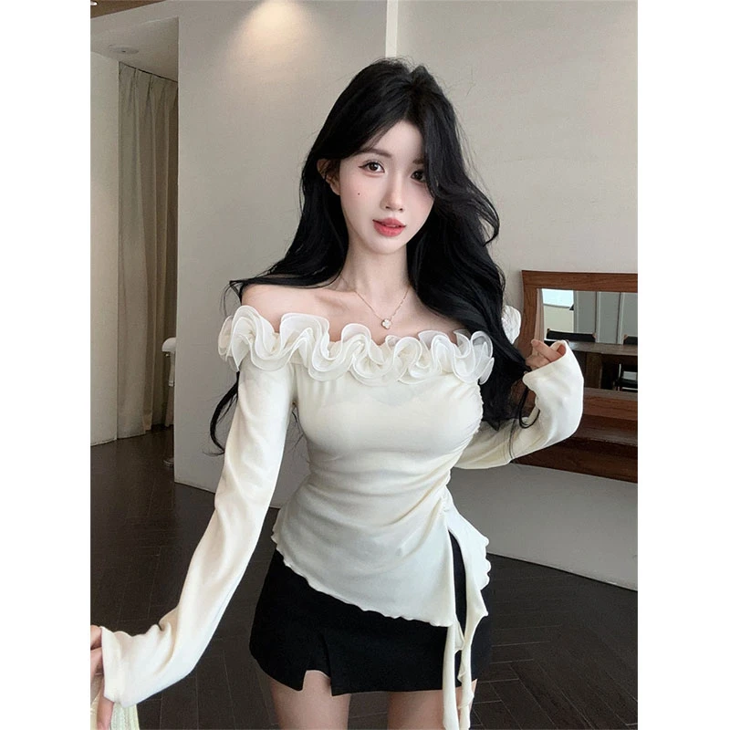 2025秋季新款法式气质木耳花边一字肩飘带上衣配修身百搭裙裤套装