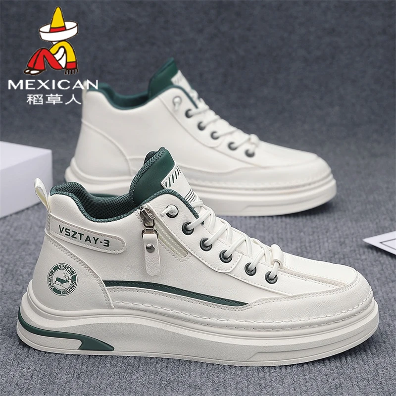 稻草人鞋子男款秋季2025中帮潮流板鞋百搭防水防滑运动休闲小白鞋