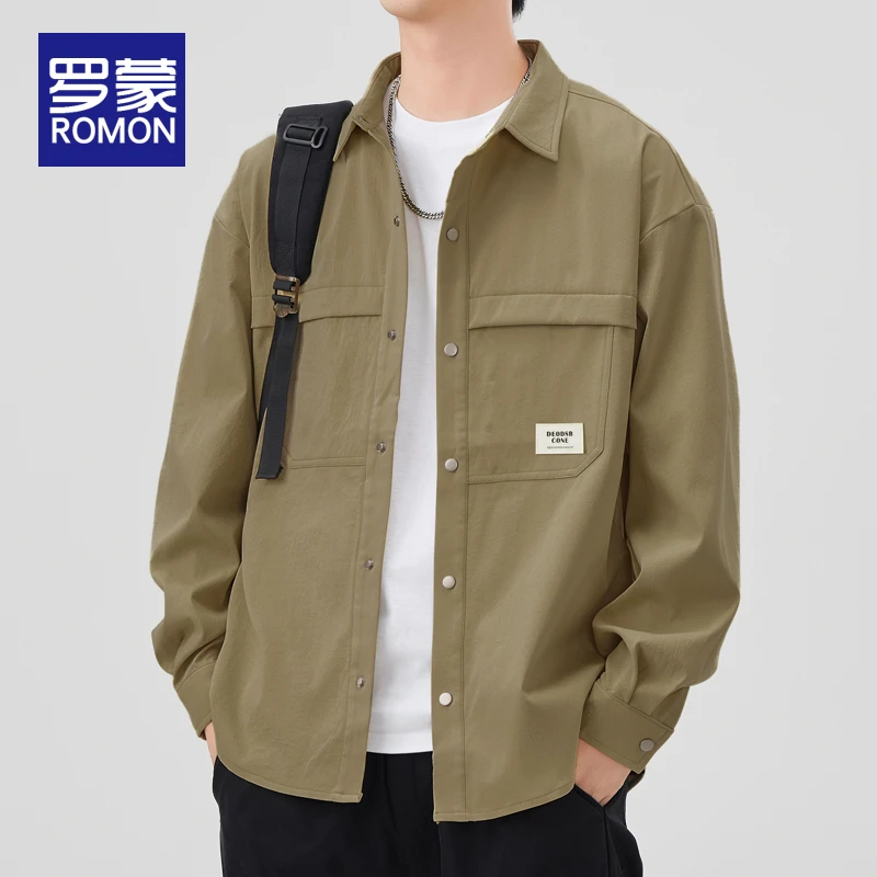 罗蒙男士春秋季长袖衬衫宽松翻领工装衬衣新款潮牌秋季百搭外套男