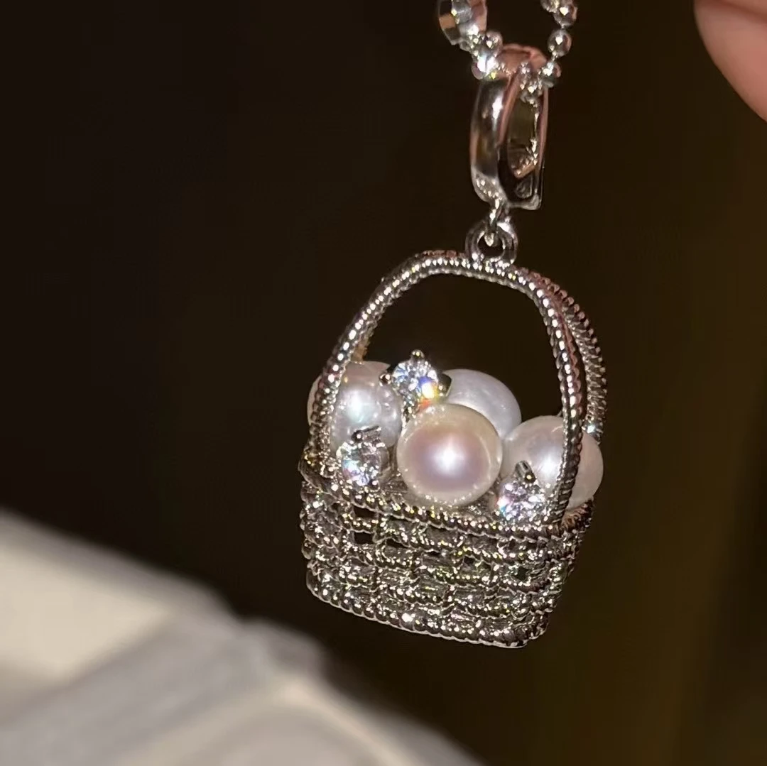 LH147【银色财篮子万能扣珍珠吊坠】赠万能胸针可当吊坠和胸针两戴