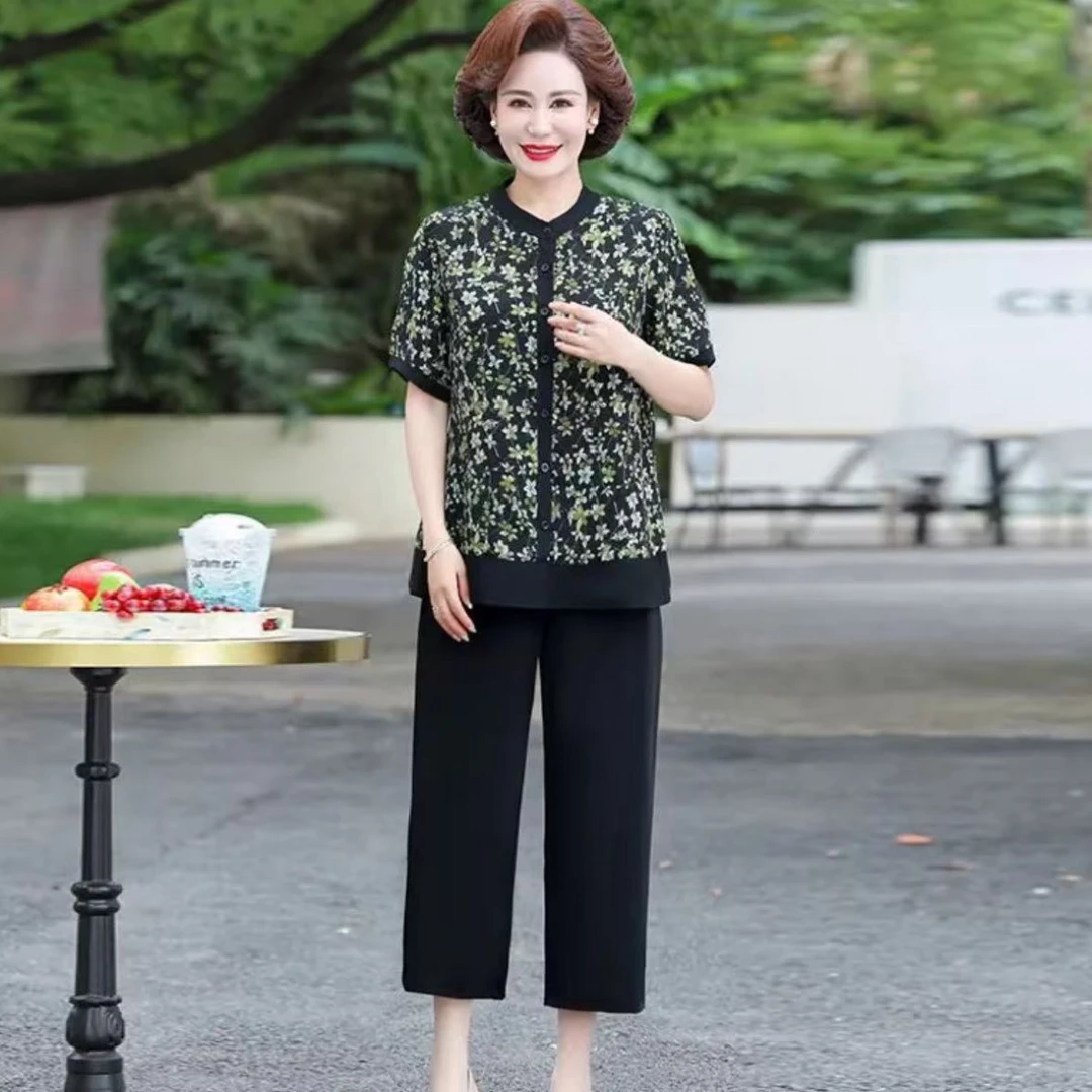 9176-妈妈装阔腿裤女装大码小衫妈妈套装50+岁夏装[E仓东楼梯]