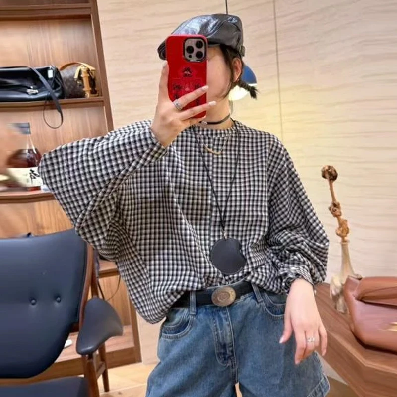韩系设计感圆领长袖格子衬衫女2025春秋新款复古气质百搭显瘦上衣