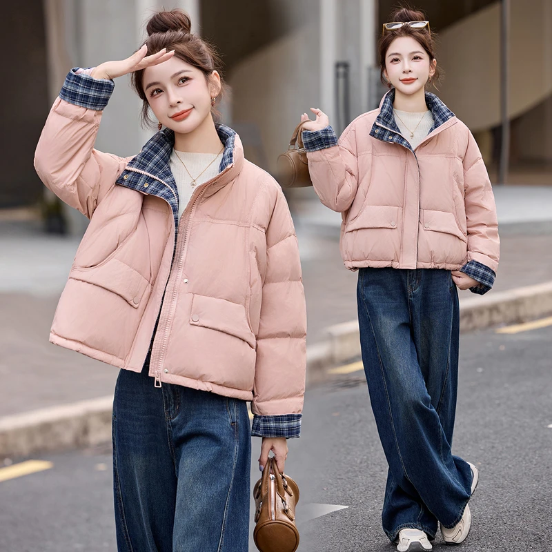 休闲时尚格纹拼接羽绒服女短款2025年冬季新款加厚保暖面包服外套