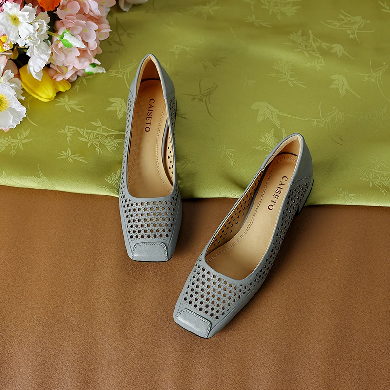 头层羊皮3cm夏季时尚百搭软底透气镂空网红爆款真皮女鞋D513