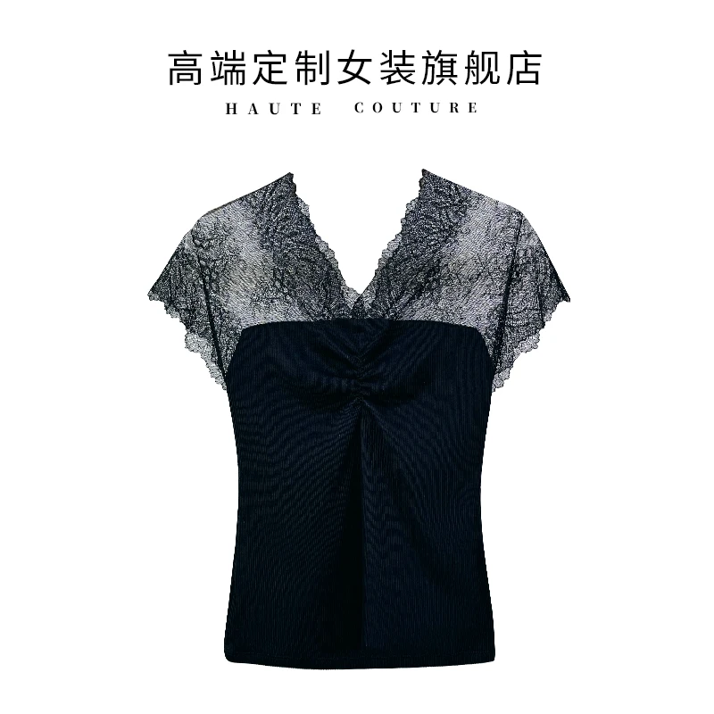 【SHIBO】063女装法式气质纯欲薄款黑色V领蕾丝拼接修身内搭打底衫