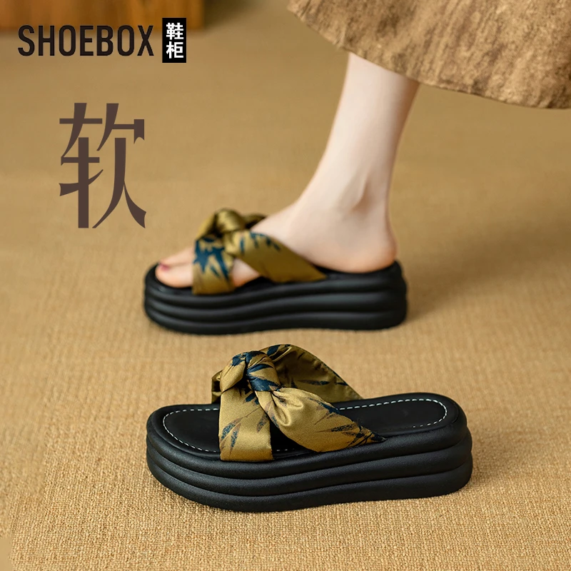 SHOEBOX鞋柜凉拖鞋女夏外穿2025新款中式风厚底百搭一字拖鞋