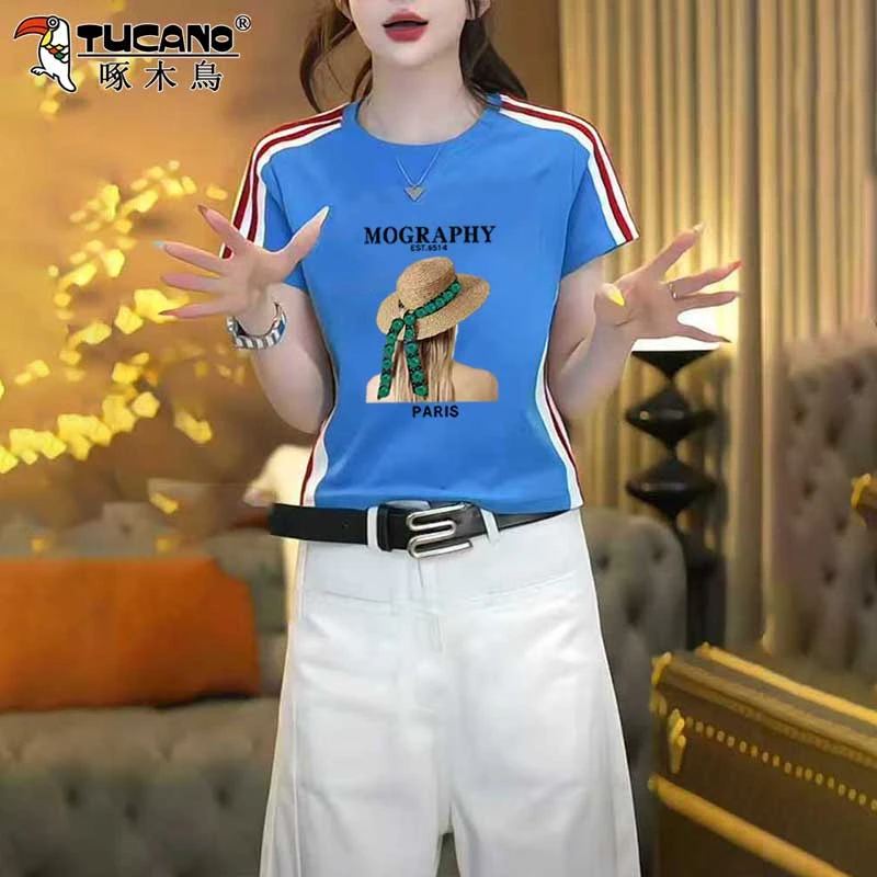 啄木鸟纯棉短袖t恤女款爆款2025洋气时尚拼接上衣小个子正肩显瘦