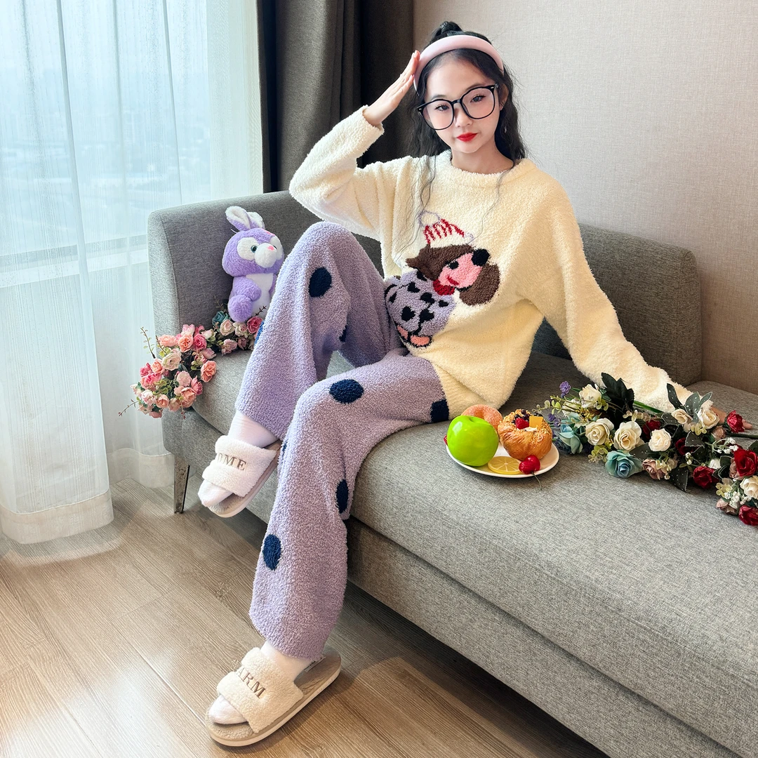 儿童睡衣女冬季2025新款儿童半边绒家居服大童女孩珊瑚法兰绒套装