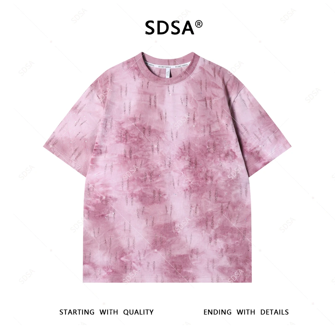 SDSA夏季新款男士痞帅韩版扎染磨破满天星圆领短袖T恤时尚简约