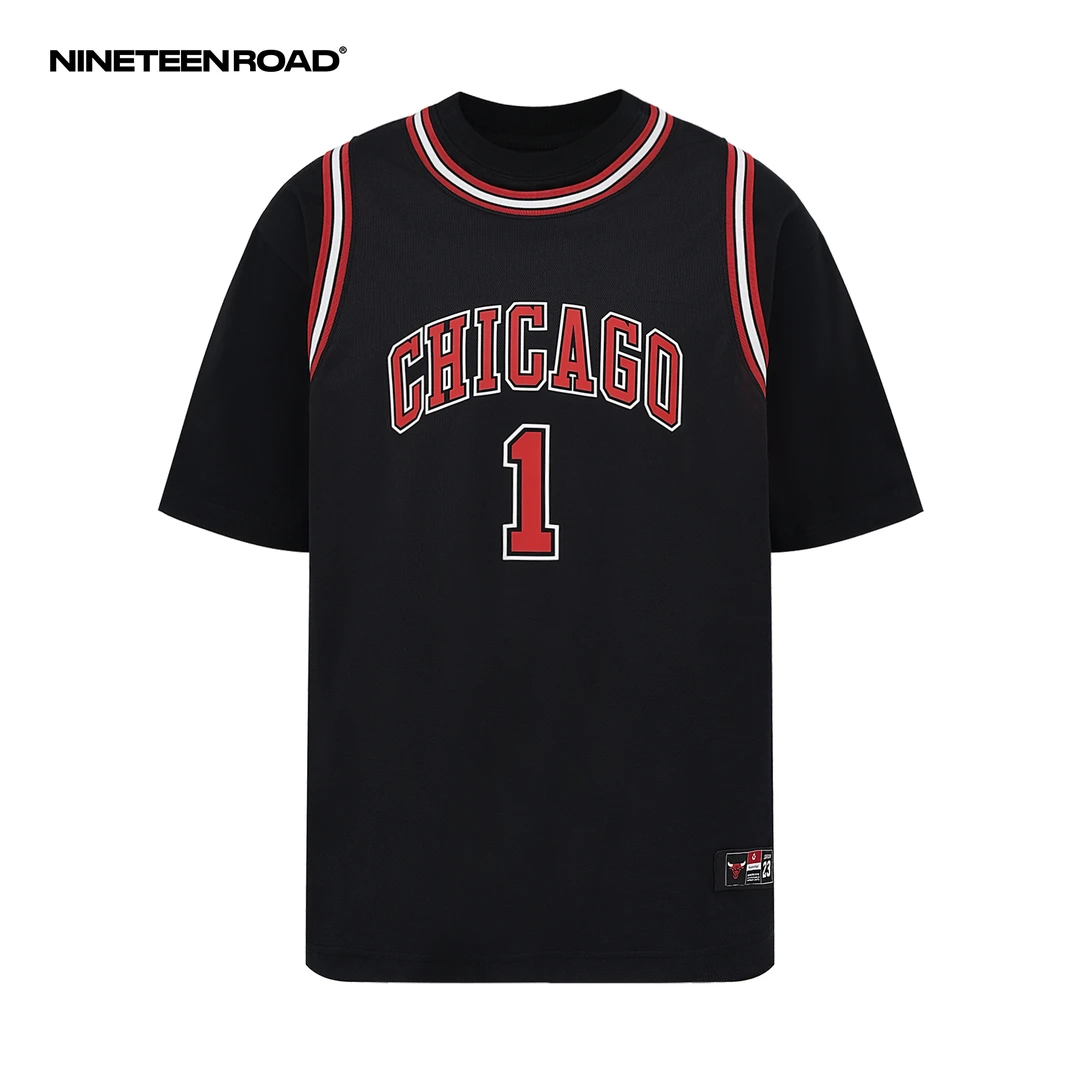 【公牛】罗斯-风城玫瑰-1号【假两件】-联名美式潮流宽松重磅圆领T恤