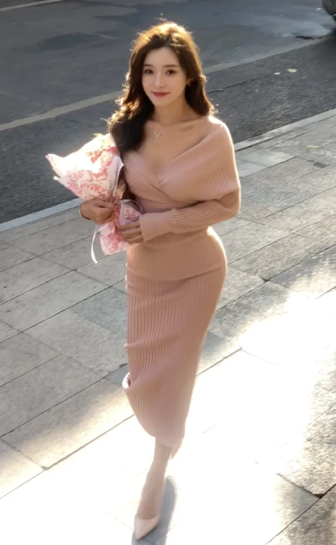 2025新款御姐风气质v领针织连衣裙子女春秋季辣妹包臀裙内搭长裙