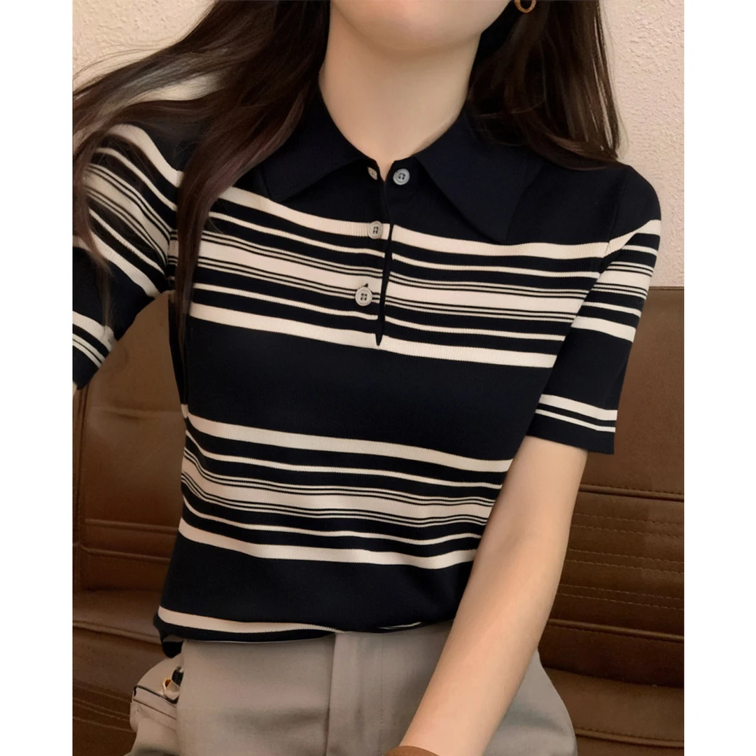 2025年条纹短袖纽扣夏季莱赛尔针织衫法式polo半开领正肩上衣女装