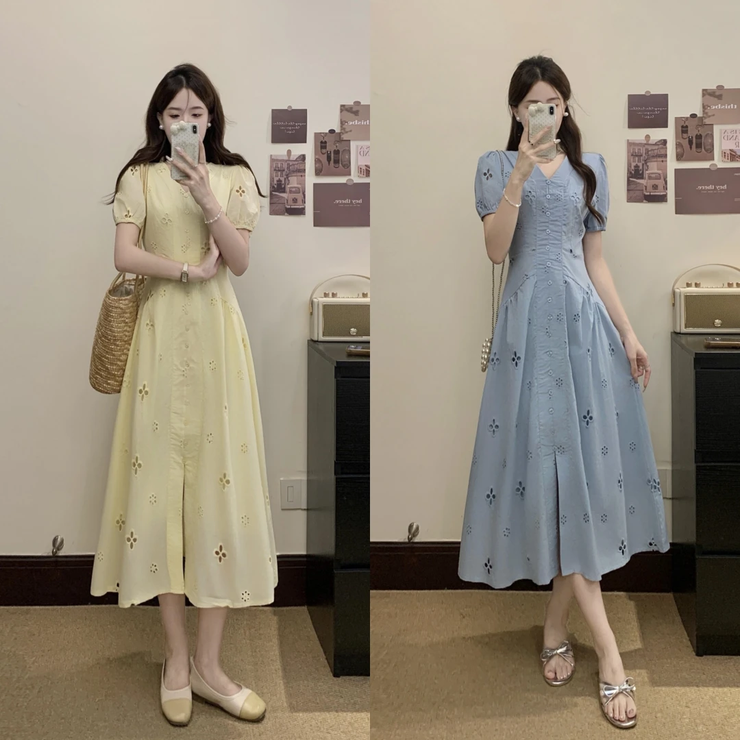 大码女装V领镂空花朵微胖mm遮肉显瘦短袖A字减龄连衣裙