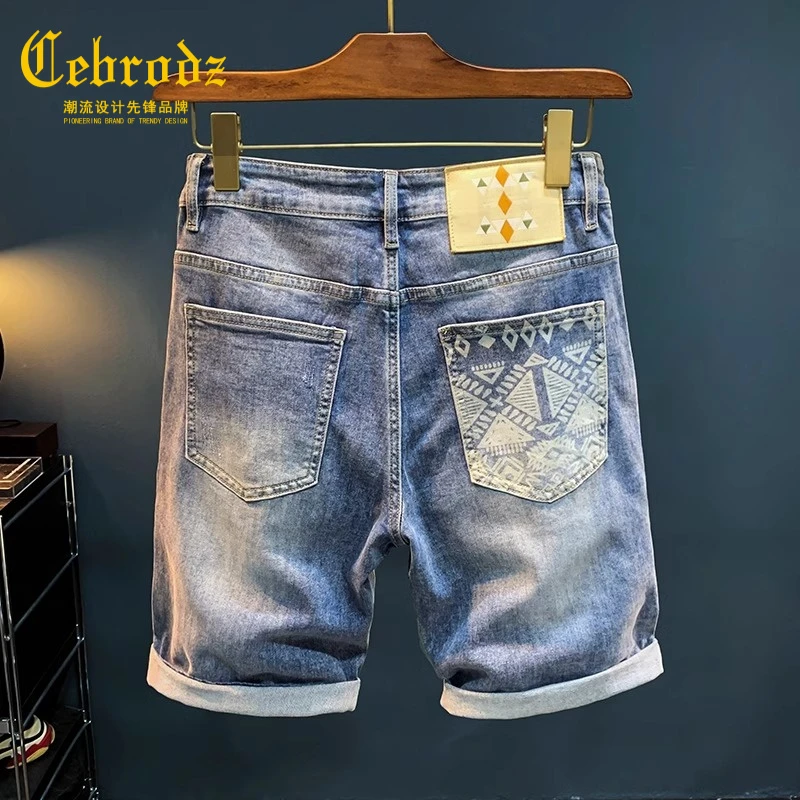 法国Cebrodz夏季短裤男2025年新款印花直筒牛仔五分裤弹力男中裤