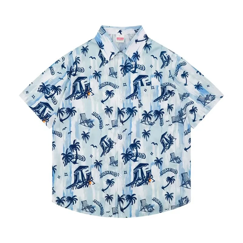 2025度假夏威夷椰树花衬衫沙滩复古短袖痞帅古巴领衬衣男女