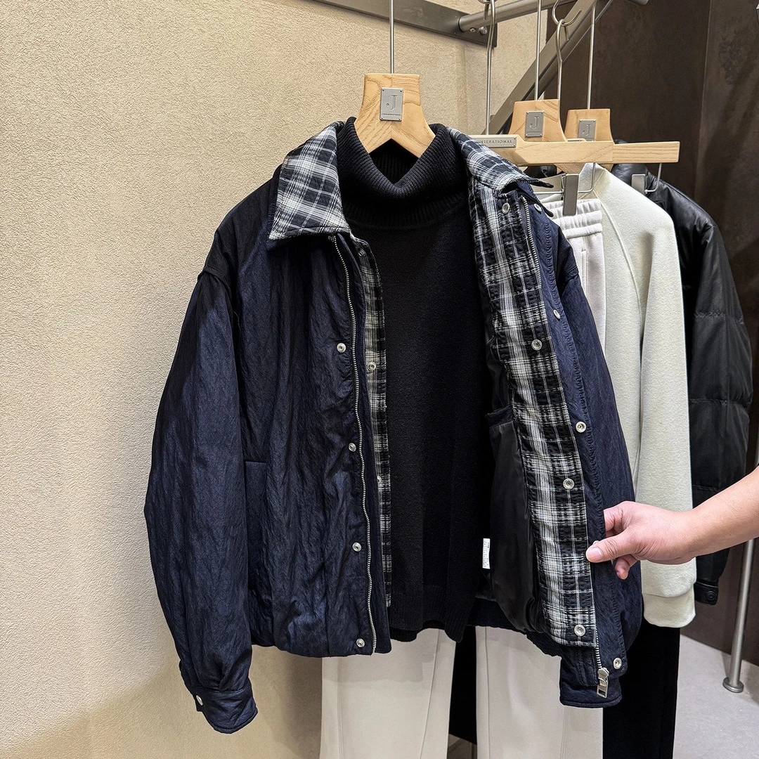 品质象征！杭州高货！格子拼接假两件90白鸭绒男士羽绒服外套988