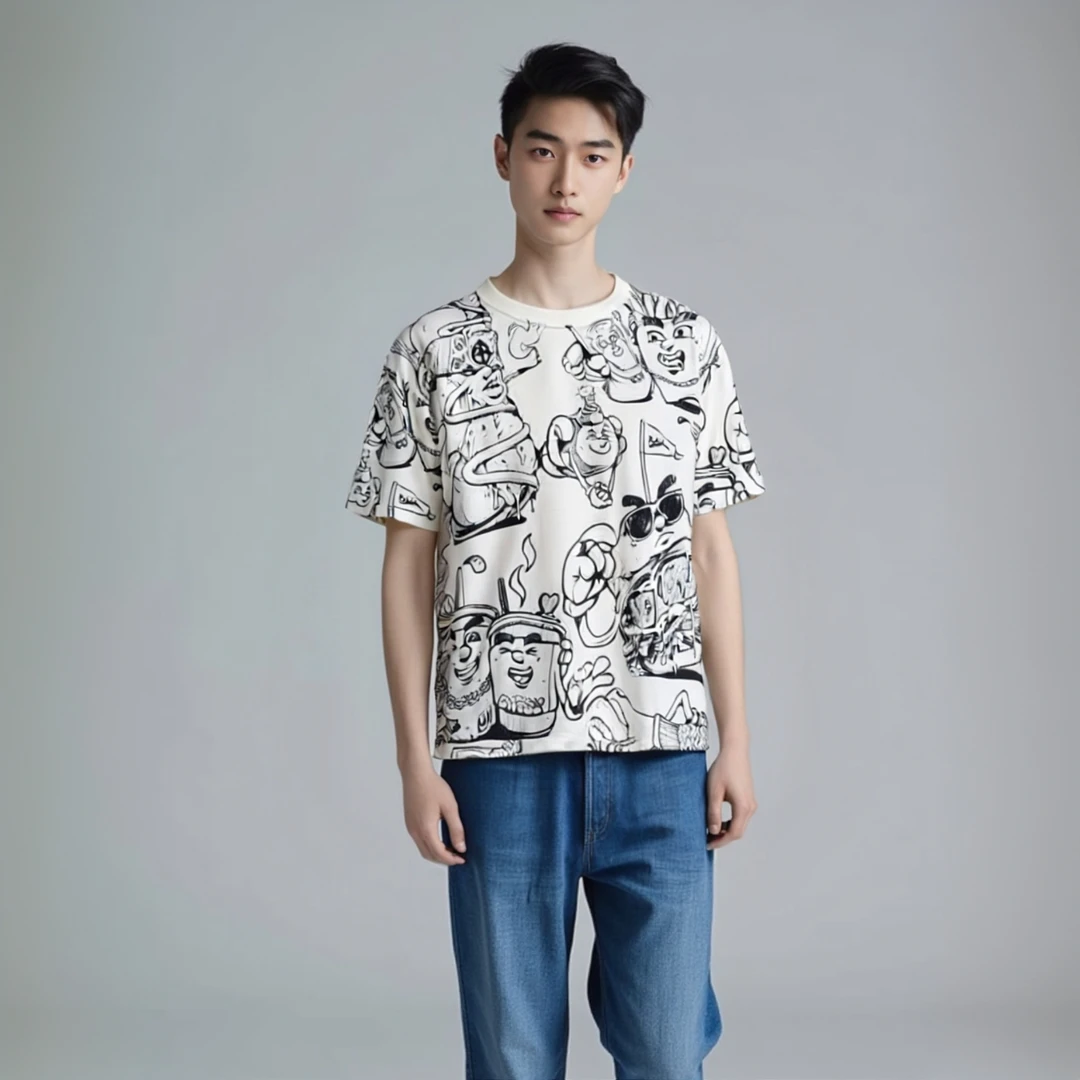 凯邦威卡通印花高端青年短袖t恤男潮牌圆领重磅半袖男士夏季痞帅