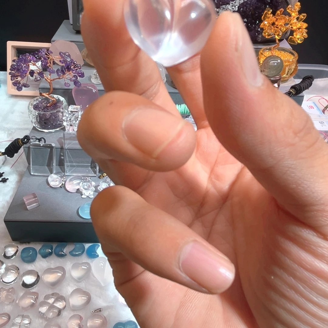 水晶摆件银S925镶嵌粉爱心无链