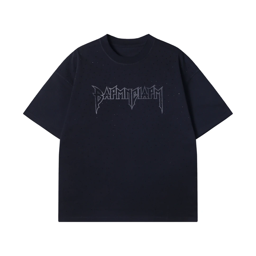 夏季高级感新款韩版烫钻印花字母圆领短袖T恤情侣复古宽松上衣