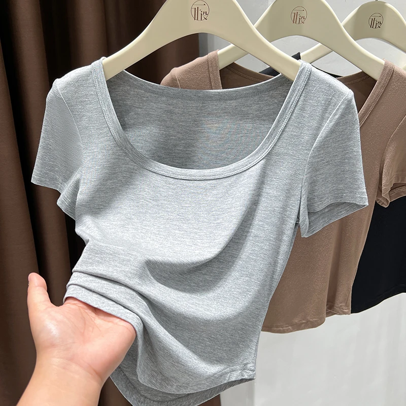 修身大领口正肩灰色t恤女短袖冷感冰丝面膜弧形下摆收腰气质上衣