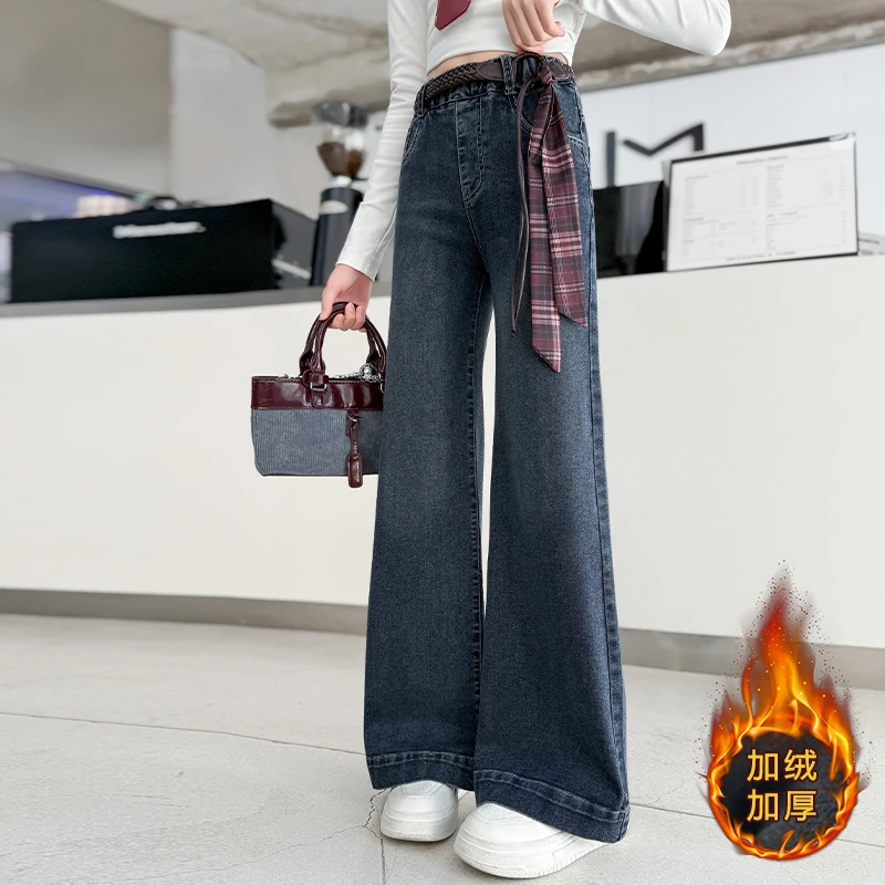 女童牛仔裤冬季2025新款女大童阔腿裤冬装加女童加绒牛仔裤直筒裤