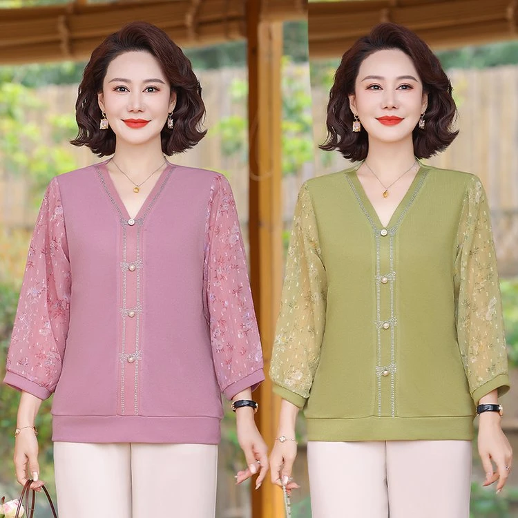 妈妈春装七分袖针织上衣2025新款中老年女春夏洋气小香风纱袖小衫