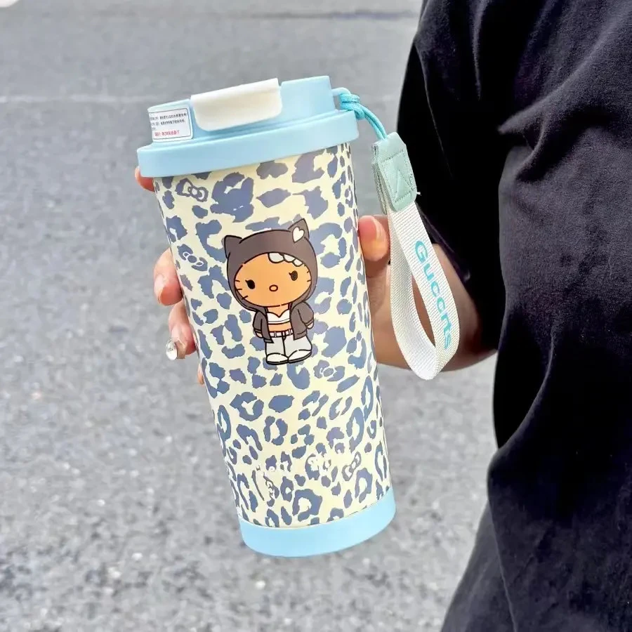 豹纹凯蒂保温杯高颜值316不锈钢双饮水杯学生大容量吸管咖啡杯ins