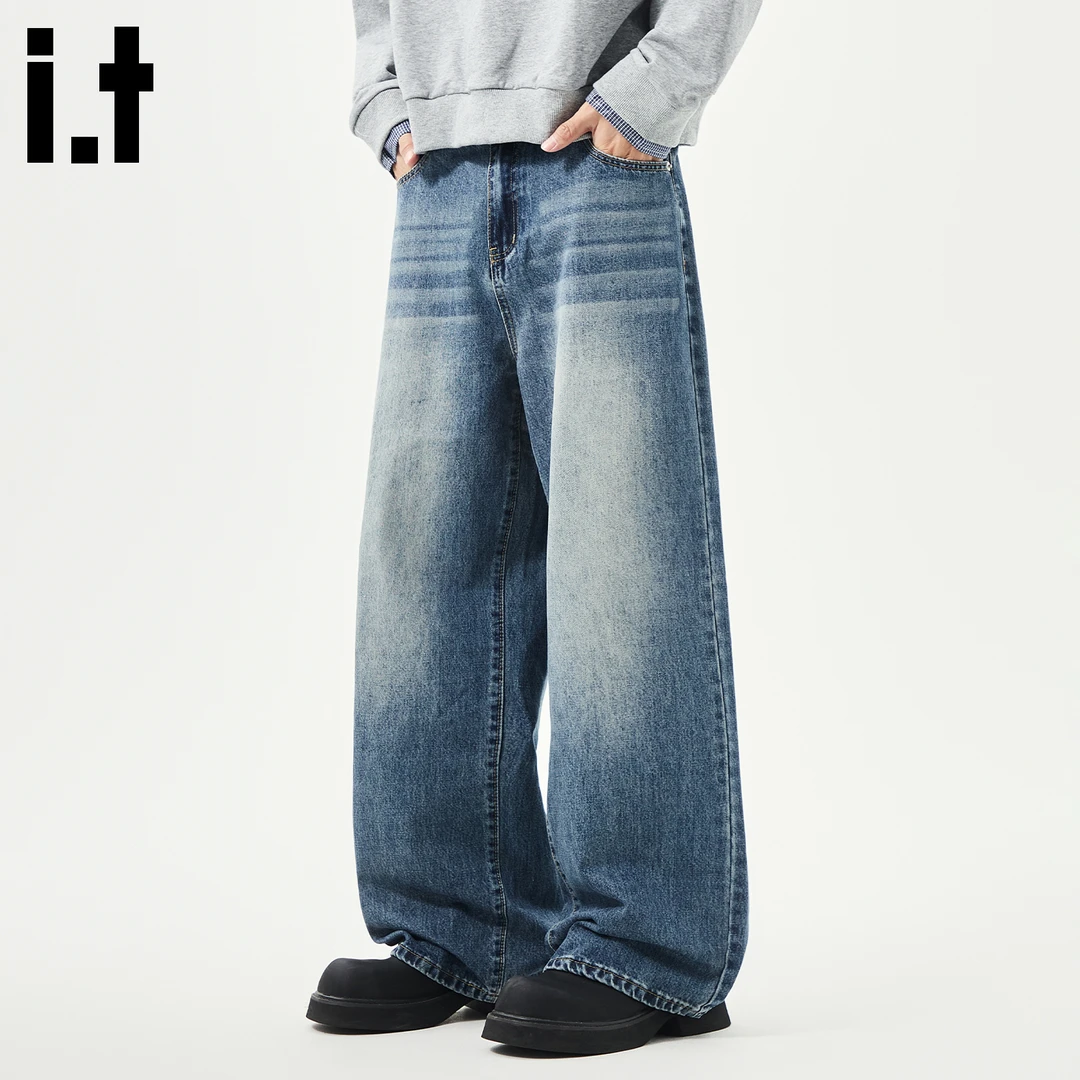 i.t:CHOCOOLATE潮牌阔腿牛仔裤男士秋冬款美式高街宽松休闲直筒裤