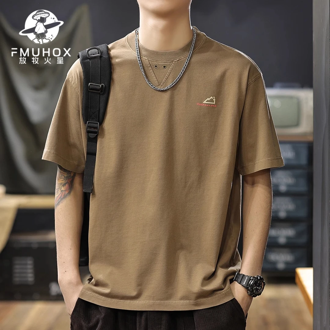 @放牧火星 美式复古重磅水洗短袖T恤男2025夏季新款纯棉做旧半袖