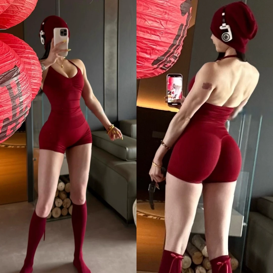 DF运动背心欧美翘臀短裤训练蜜桃两件套挂脖美背瑜伽健身服女套装